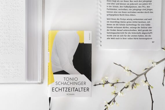Cover "Echtzeitalter" mit angeschnittener Braille- und Großdruckausgabe. Rechts unten ein blühender Kirschzweig